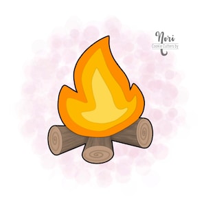 May include: A cookie cutter shaped like a campfire with three logs and a flame. The flame is orange and yellow. The logs are brown. The cookie cutter is made by Nori Cookie Cutters.