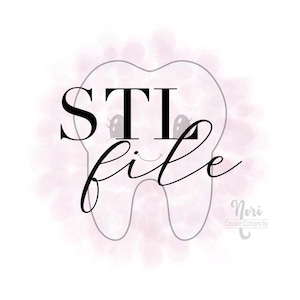 May include: A pink watercolor background with a white tooth outline. The tooth has a smiling face and the text "STL file" is written over it. The text "Nori Cookie Cutters by" is written in the bottom right corner.
