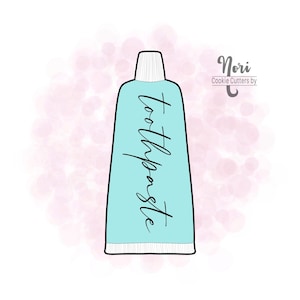 May include: A light blue toothpaste tube cookie cutter with the word "toothpaste" in a script font. The cookie cutter has a black outline and a white cap. The background is a soft pink watercolour effect.