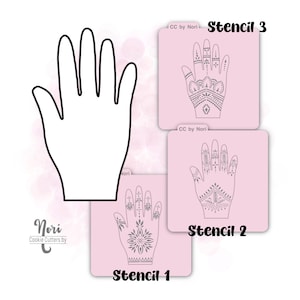 May include: A white hand-shaped cookie cutter and three square pink stencils featuring intricate hand-drawn patterns. The stencils are labeled Stencil 1, Stencil 2, and Stencil 3, each displaying unique decorative designs on the palm and fingers.