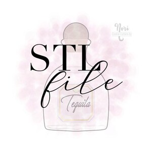 May include: An outline of a tequila bottle with the words "STI file" in black script. The word "Tequila" is written on a label in a gold frame. The background is a soft pink watercolor wash.