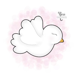 May include: A white dove cookie cutter with a closed eye and a small beak. The cutter is on a pink and white background with the text "Nori Cookie Cutters by" in gray.