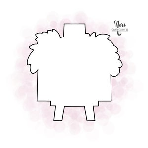 May include: A black outline cookie cutter in the shape of a wreath with a rectangular center and legs. The cookie cutter has a floral design on top. The text "Nori Cookie Cutters by" is in the upper right corner.