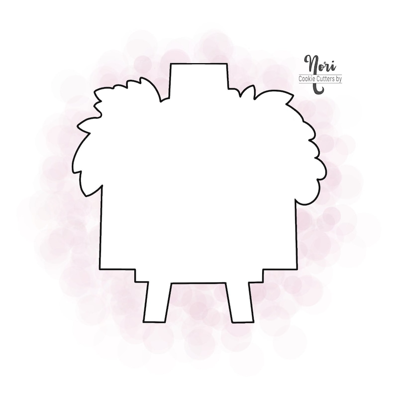 May include: A black outline cookie cutter in the shape of a wreath with a rectangular center and legs. The cookie cutter has a floral design on top. The text "Nori Cookie Cutters by" is in the upper right corner.