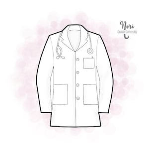 May include: A black and white line drawing of a doctor's lab coat with a stethoscope. The coat has a pocket on the left side and buttons down the front. The text "Nori Cookie Cutters by" is in the upper right corner of the image.