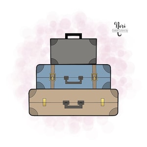 May include: Three stacked vintage suitcases with brown, blue, and gray leather. The suitcases have gold buckles and handles.
