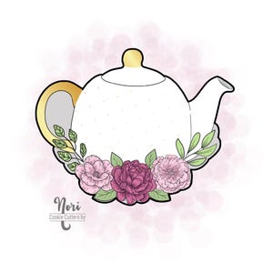 May include: A white teapot with gold accents and a floral design. The teapot is decorated with pink and purple flowers and green leaves. The text "Nori Cookie Cutters by" is visible at the bottom of the image.