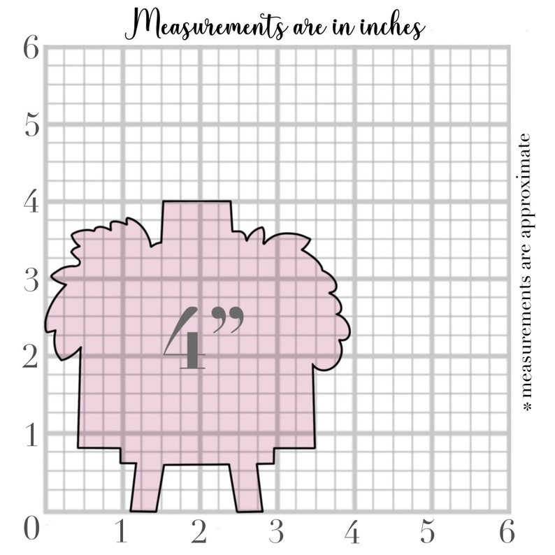 May include: A pink, stylized image of a product with a 4-inch measurement, set against a grid background. The text "Measurements are in inches" and "* measurements are approximate" are also present.