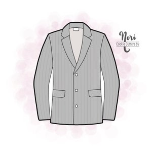 May include: A gray pinstripe blazer with a single-breasted closure and two front pockets. The blazer has three buttons and a pointed collar.