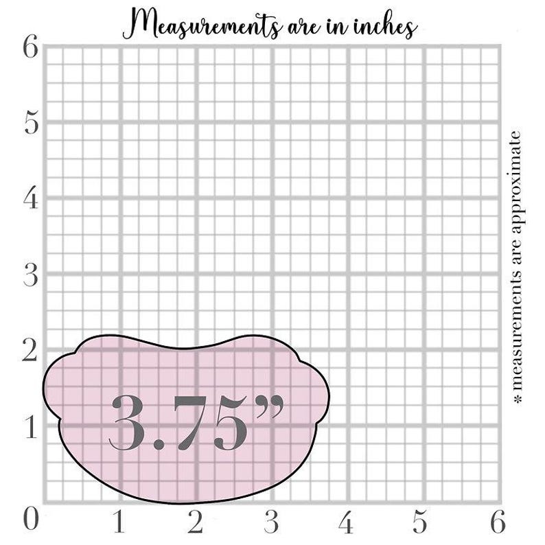 May include: A light pink cookie cutter with a scalloped edge, measuring 3.75 inches. The image includes a grid background with the text "Measurements are in inches" and "* measurements are approximate."