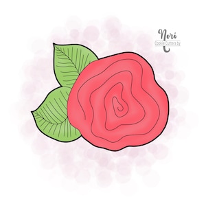 May include: A pink rose cookie cutter with two green leaves. The cookie cutter is designed to create a rose shape for baking.