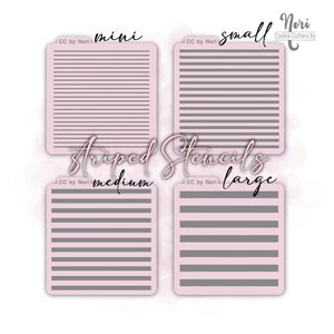 May include: Four cookie stencils with striped patterns in different sizes: mini, small, medium, and large. The stencils are made of clear plastic and are labeled with the size and "CC by Nori".