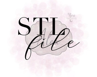 May include: A digital graphic featuring the bold black text STL file centered over a light gray scalloped shape. The background consists of soft, pale pink circular bokeh elements. In the upper right corner, the text Nori Cookie Cutters by T appears.