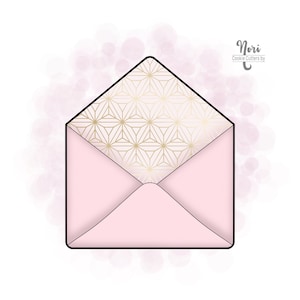 May include: A pink envelope with a gold geometric pattern on the inside flap. The envelope is closed and has a black outline. The text "Nori Cookie Cutters by" is in the upper right corner of the image.
