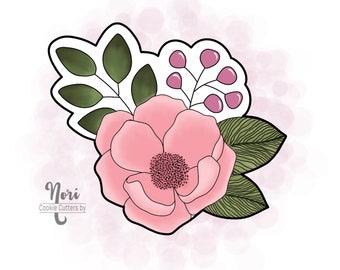 May include: A pink flower with green leaves and pink berries. The flower is outlined in black and has a detailed center. The leaves are also outlined in black and have a textured pattern. The berries are outlined in black and have a smooth surface. The background is a soft pink watercolor wash.