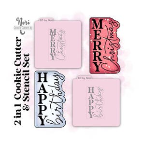 May include: A 2-in-1 cookie cutter and stencil set. The set includes cutters and stencils with the words "Merry Christmas" and "Happy Birthday". The "Merry Christmas" design is red with a glitter effect, while the "Happy Birthday" design is blue.