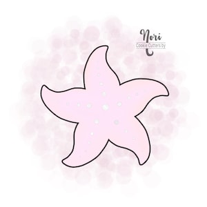 May include: A pink starfish cookie cutter with a white background. The cookie cutter has a simple design with five points and a slightly textured surface.  Nori Cookie Cutters by C.