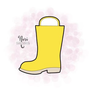 May include: A yellow rubber rain boot cookie cutter with a handle. Nori Cookie Cutters by [text is unclear].