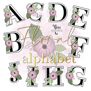 May include: Floral alphabet cookie cutters in black and white with pink flowers and green leaves. The letters are A, B, C, D, E, F, G, H, I, and J. The text "Nori Cookie Cutters by" is in gold lettering.