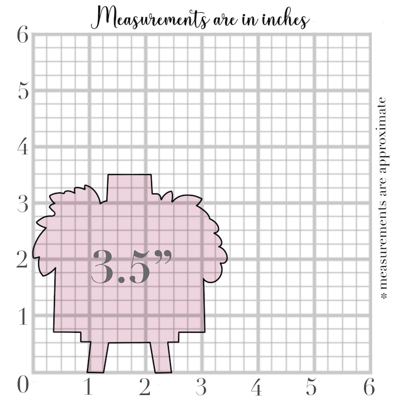 May include: A pink, stylized floral-shaped design, approximately 3.5 inches wide, is shown on a grid. The text "Measurements are in inches" and "* measurements are approximate" are also present.