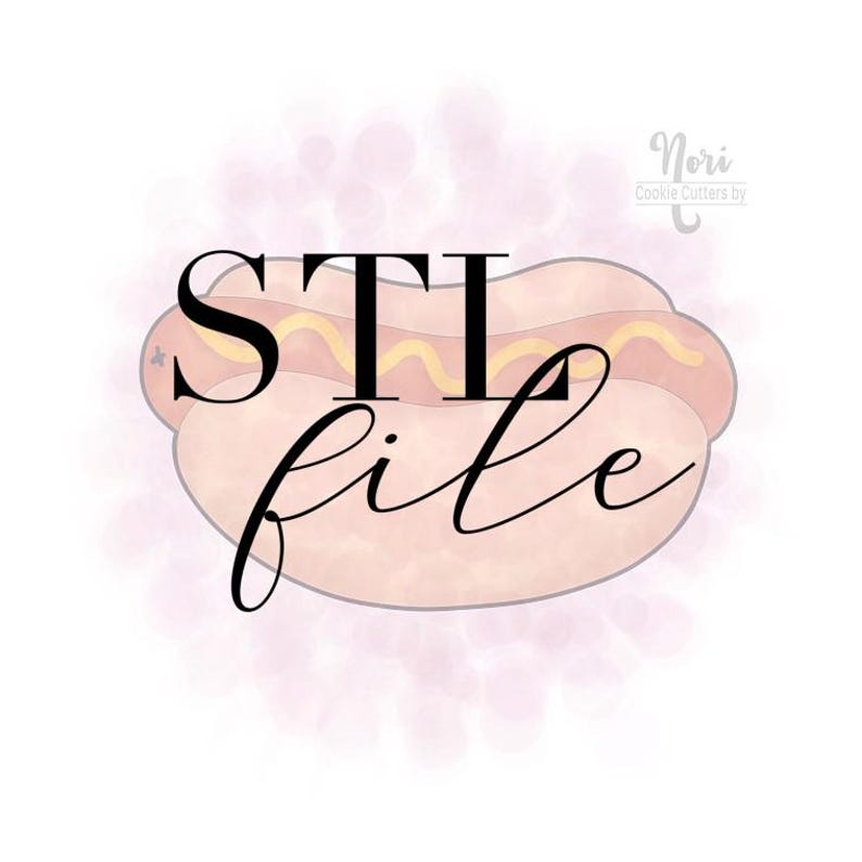 May include: A digital file design of a hot dog with mustard, in a bun, with the text "STI file" in black script. The background is a soft pink watercolor effect, with the words "Nori Cookie Cutters by" in the upper right corner.