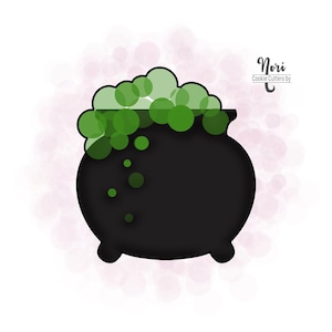 May include: A black cauldron with green bubbling liquid, surrounded by a pink and white watercolor background. The text "Nori Cookie Cutters by" is in the upper right corner of the image.