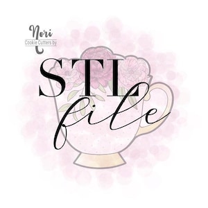May include: An illustration of a teacup filled with pink flowers, with the words "STL file" in black script. The teacup is light pink with gold accents, and the background is a soft pink watercolor effect. The text "Nori Cookie Cutters by" is in the upper left corner.