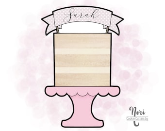 Cake on a stand with banner Birthday Cookie Cutter - Cookie Cutters By Nori - CN0158