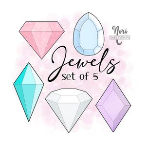 May include: Set of 5 jewel-shaped cookie cutters in various colors: pink, light blue, turquoise, white, and lavender. The word "Jewels" is written in cursive, with "set of 5" below. The logo "Nori Cookie Cutters by" is in the upper right corner.