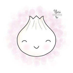 May include: A white cartoon onion with a smiling face. The onion is drawn in a simple style with black outlines and a pink blush on its cheeks. The background is a soft pink watercolor wash with white dots.