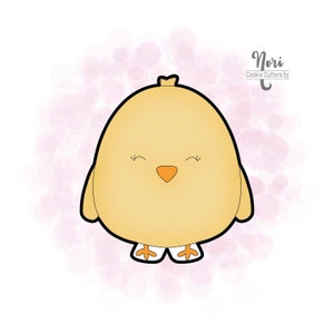May include: A yellow chick cookie cutter with closed eyes and a small orange beak. The chick is smiling and has small white feet. The cookie cutter is on a pink and white background with the text "Nori Cookie Cutters by" in black.