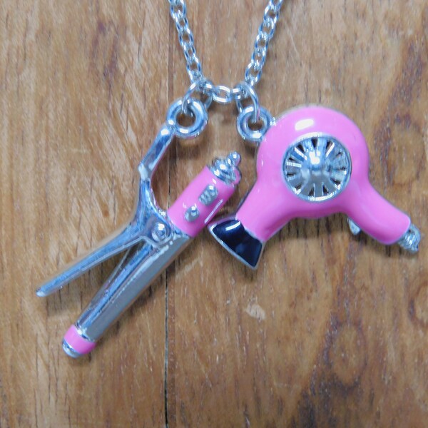 Hair Dryer and Curling Iron Necklace on Chain in Silver and Pink