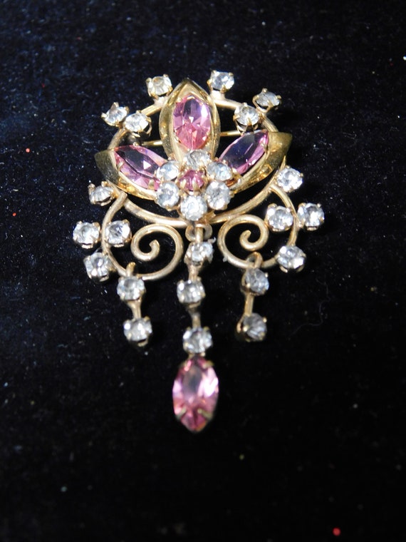 Vintage Gold Filled Pink and Clear Rhinestone Pin