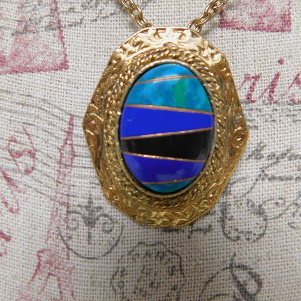 Brass Pendant on Chain with Intarsia Cab in Black, Turquoise, and Blue