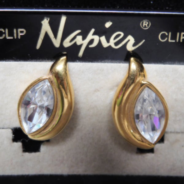 Napier Rhinestone Cabochon Clip Earrings on their original Card