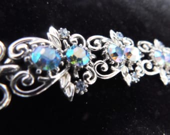 Vintage Coro Bracelet with Blue Aurora Borealis Rhinestones in Silver Tone