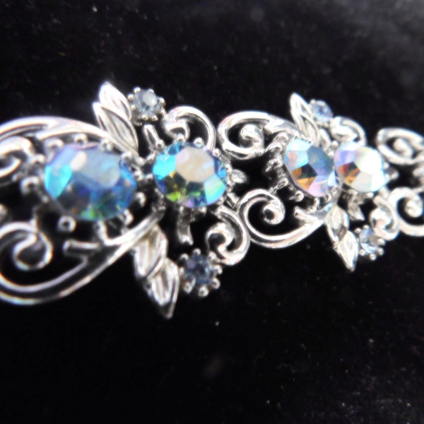 Vintage Coro Bracelet with Blue Aurora Borealis Rhinestones in Silver Tone