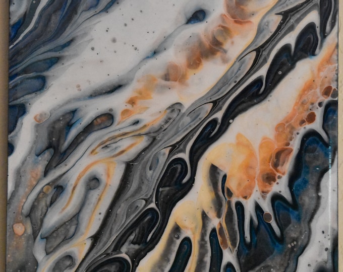 Fine Wall Art, Acrylic Strait-cup pour painting, swirls of copper, silver, blue and pearl white.