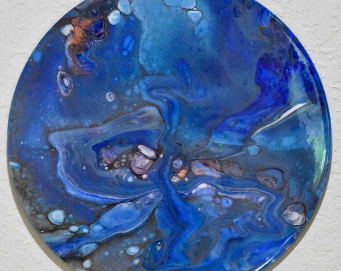 Beginnings. Abstract Acrylic Fine Art, Flip Cup Pour Painting, swirls of blue, pearl white, gray and black with multi-colored cells