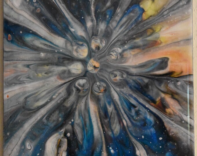 Acrylic fluid art colander painting, blue, gray, orange, yellow, silver with epoxy finish