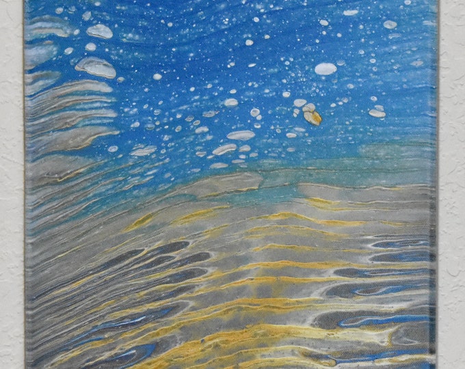 Under the Sea Acrylic Fluid Art Painting, Blue, Turquoise, gold, silver. 12" wide x 24" tall canvas.