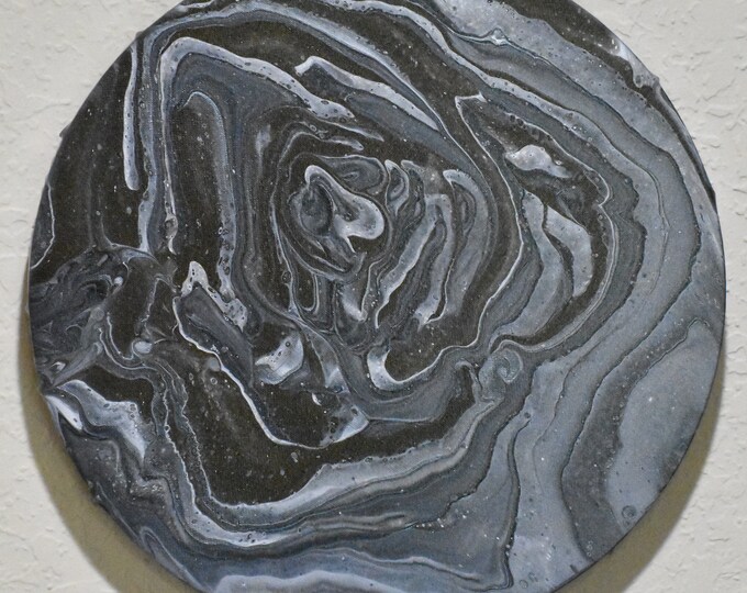 Black and White, 12" Round Abstract Acrylic Fine Art, Acrylic Pour Painting, fluid art