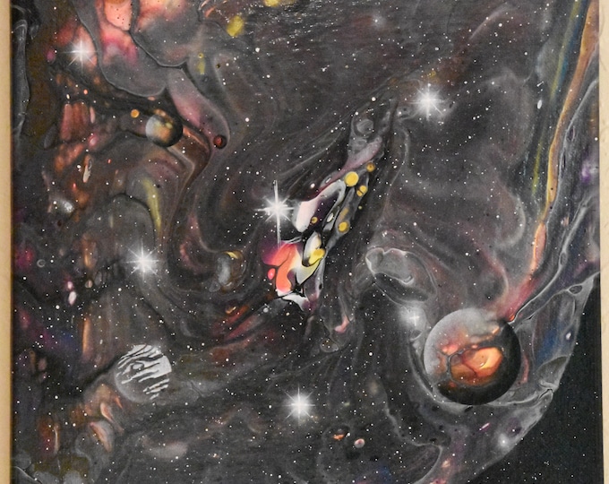 Fine Wall Art Celestial Pour Painting, Planets, Gray, orange, yellow, black