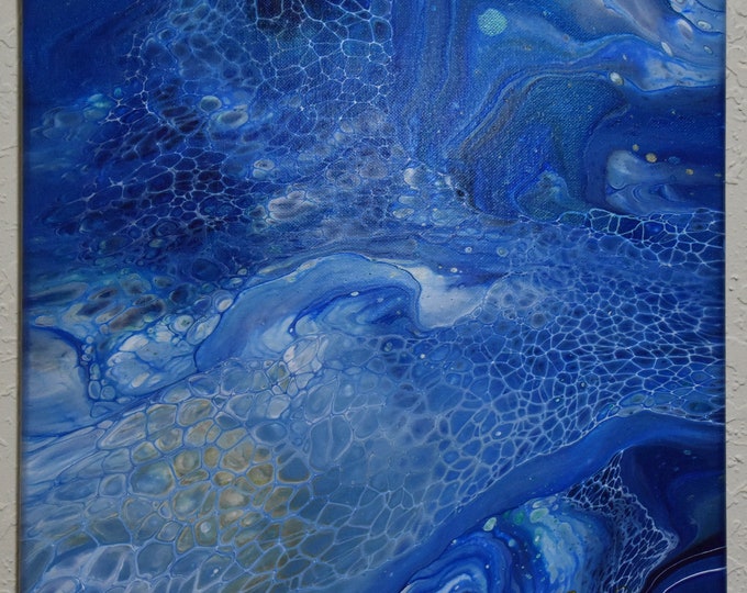 Wipe Out 1 - Abstract acrylic swipe painting on 14" canvas. Blue background with white cells. Swirl in waves.