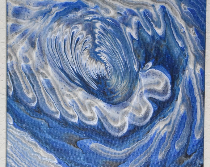 Waves - Abstract Acrylic Pour Painting on 12" Square Canvas. Blue, gold, silver, metallic paints.