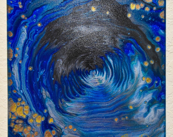 Sea Floor - Abstract Acrylic Pour Painting Fluid Art. 12" square Canvas. Blue, gold, black swirls and gold and copper cells