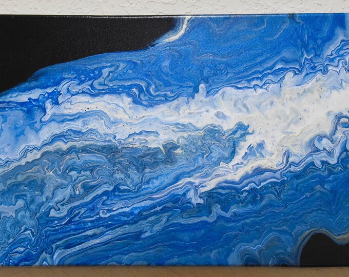 Night Sea 4 - Abstract acrylic pour painting on 24" wide x 12" tall canvas. Blue, white, black swirls