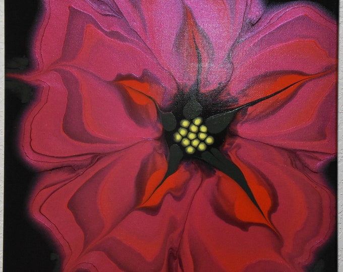 Large Red Poinsettia - Abstract acrylic pour painting on 20" square canvas. Christmas or holiday poinsettia, red, green, yellow.