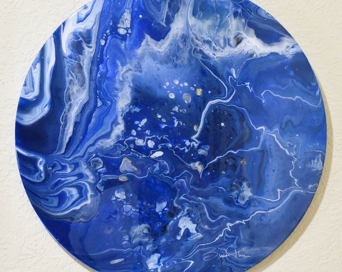 Oceans Portal - Abstract acrylic flip-cup pour painting on 18" circular gesso board finished in epoxy. Ocean and waves, blues and cream