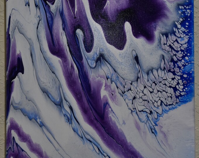 Glacier - Abstract Acrylic pour painting on 14" canvas. Swirls of purple blue, white and cells.